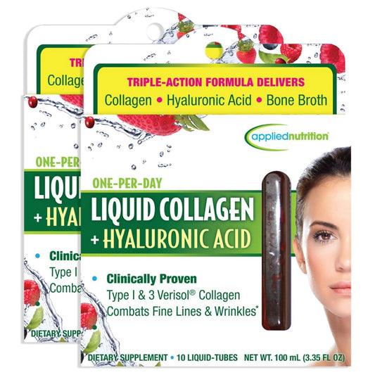 Applied Nutrition Liquid Collagen + Hyaluronic Acid bottle supports daily skin and nails.