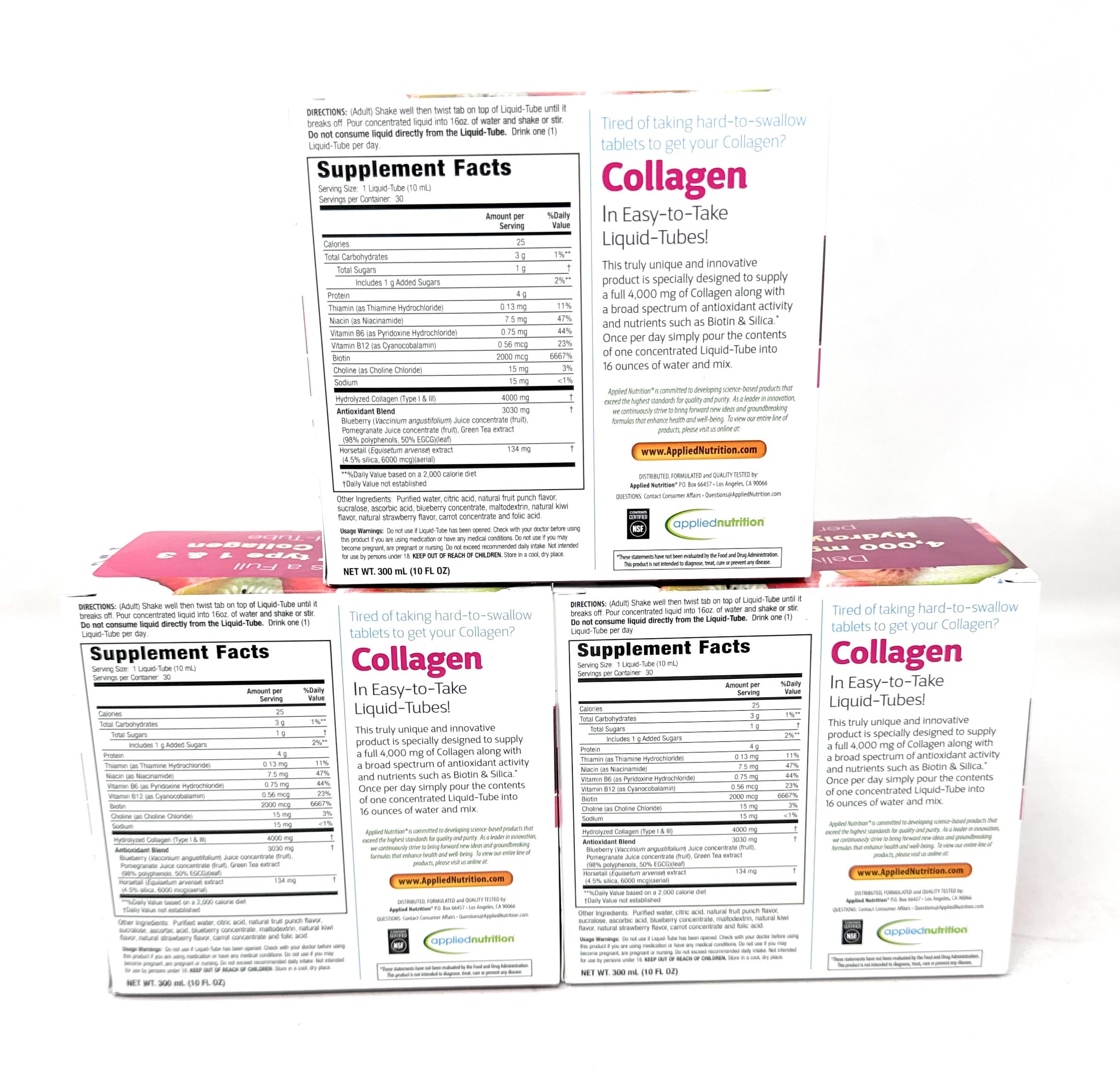 Applied Nutrition liquid collagen ingredient panel highlights biotin and silica for beauty routine support.
