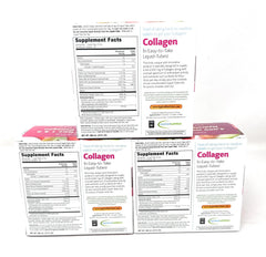 Applied Nutrition liquid collagen ingredient panel highlights biotin and silica for beauty routine support.