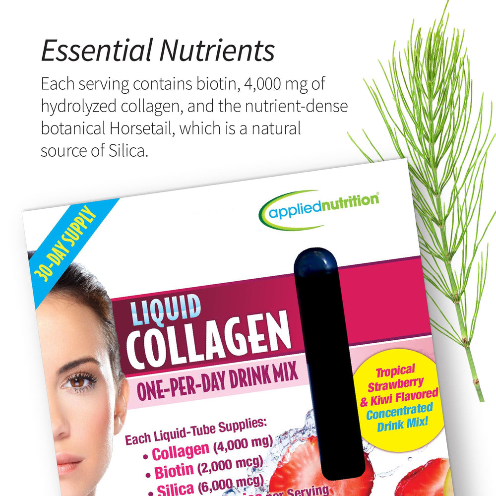 Applied Nutrition Liquid Collagen flavor label showing Tropical Strawberry & Kiwi.