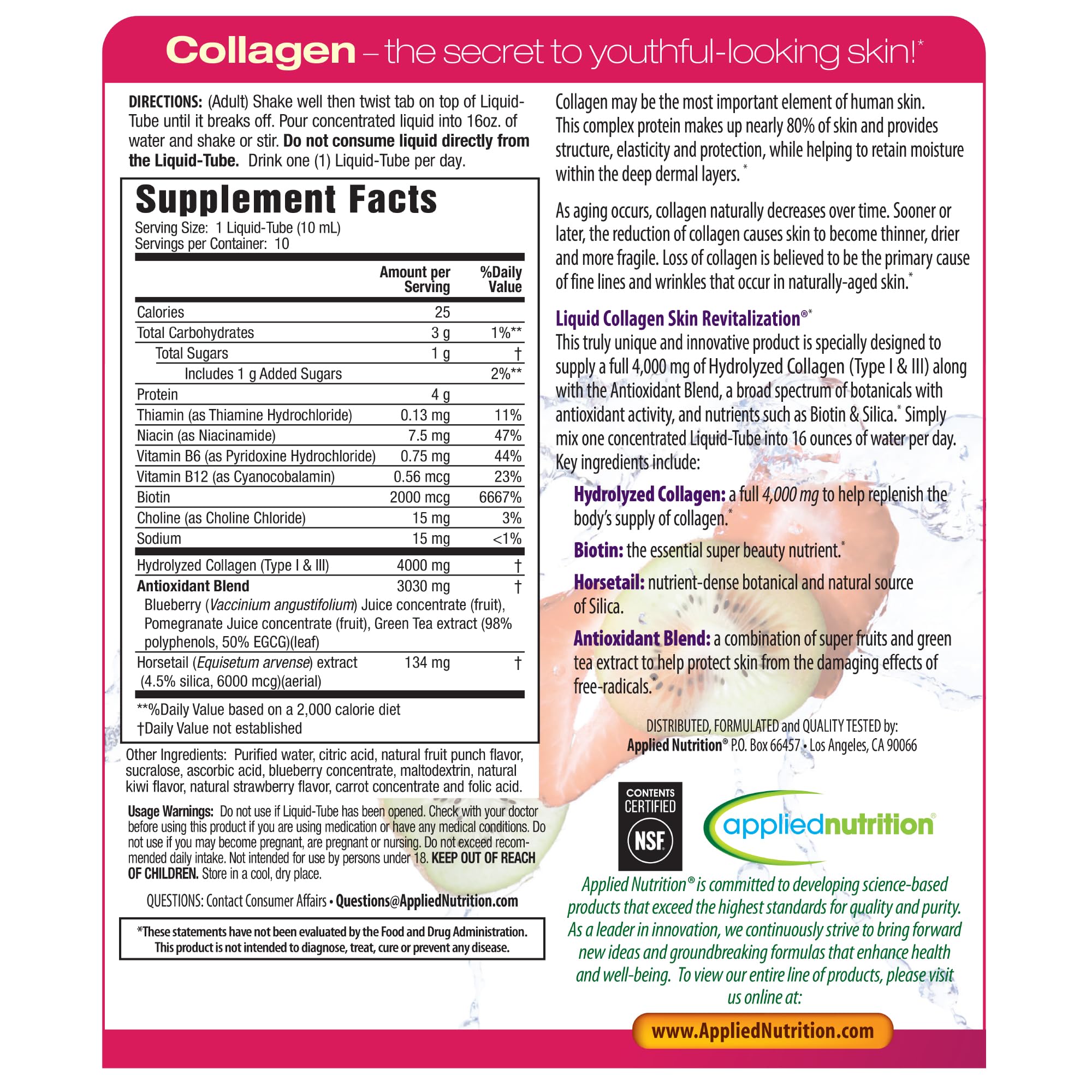 Applied Nutrition Liquid Collagen ready-to-mingle formula for daily skincare.