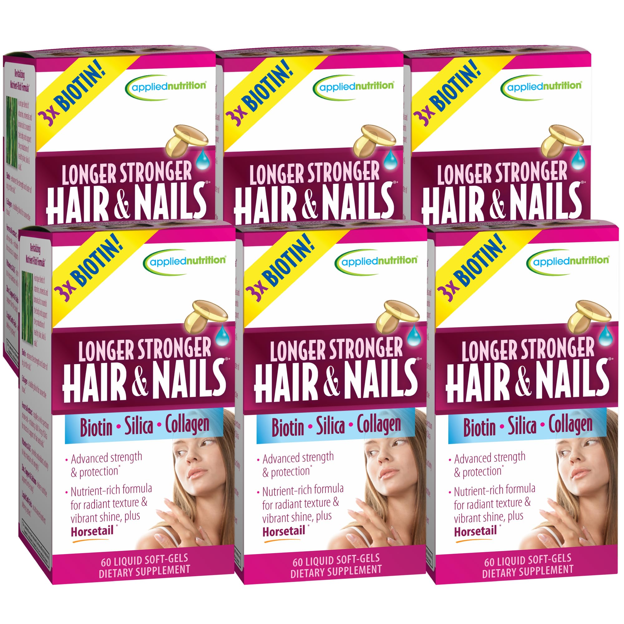 Applied Nutrition Longer Stronger Hair & Nails bottle with 60 soft-gels for daily support.
