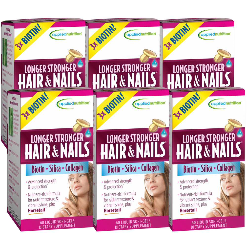 Applied Nutrition Longer Stronger Hair & Nails bottle with 60 soft-gels for daily support.
