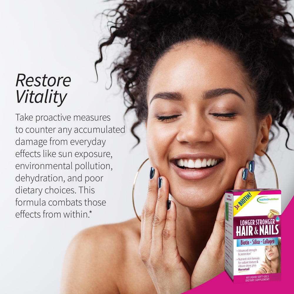Applied Nutrition Longer Stronger Hair and Nails user taking softgel with water.