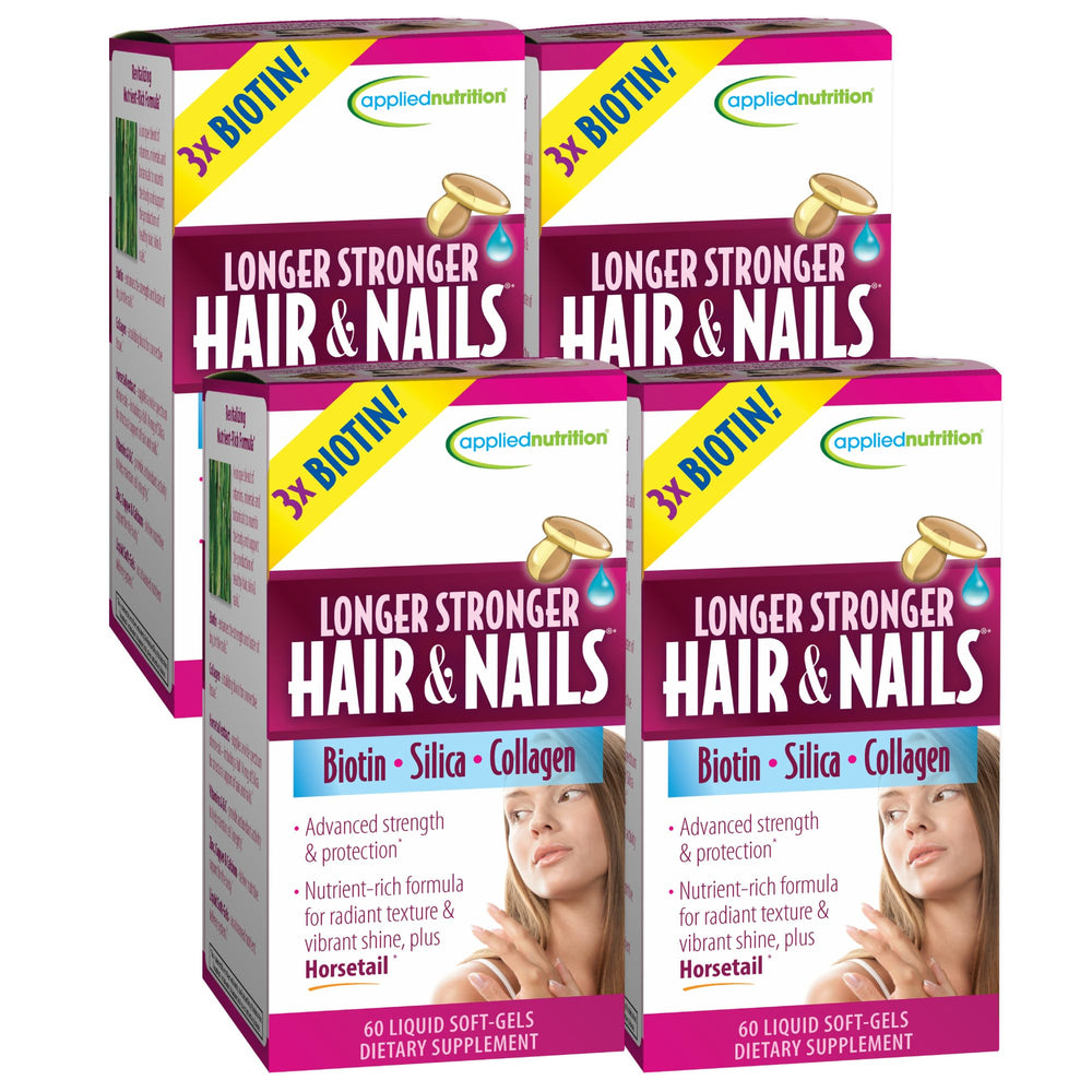Applied Nutrition Longer Stronger Hair and Nails softgel bottle ready for daily routine.