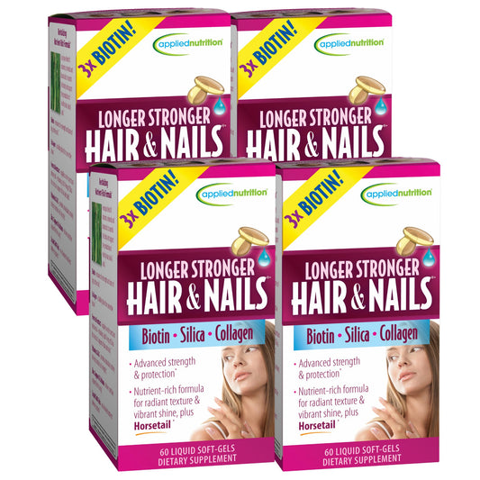 Applied Nutrition Longer Stronger Hair and Nails softgel bottle ready for daily routine.