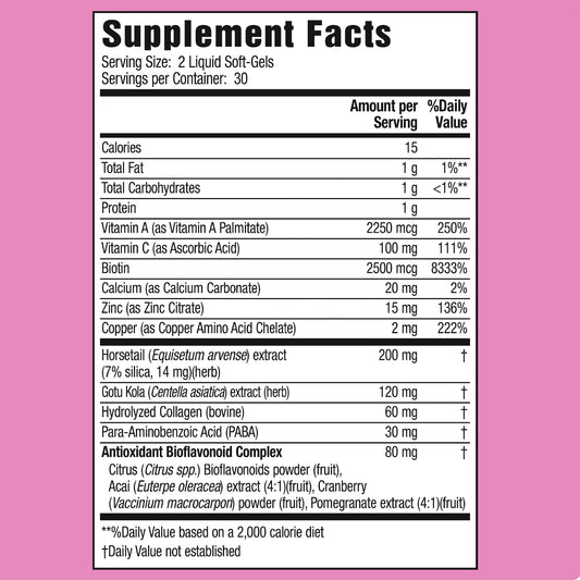 Applied Nutrition Longer Stronger Hair and Nails softgels close-up with biotin, silica and collagen ingredients.