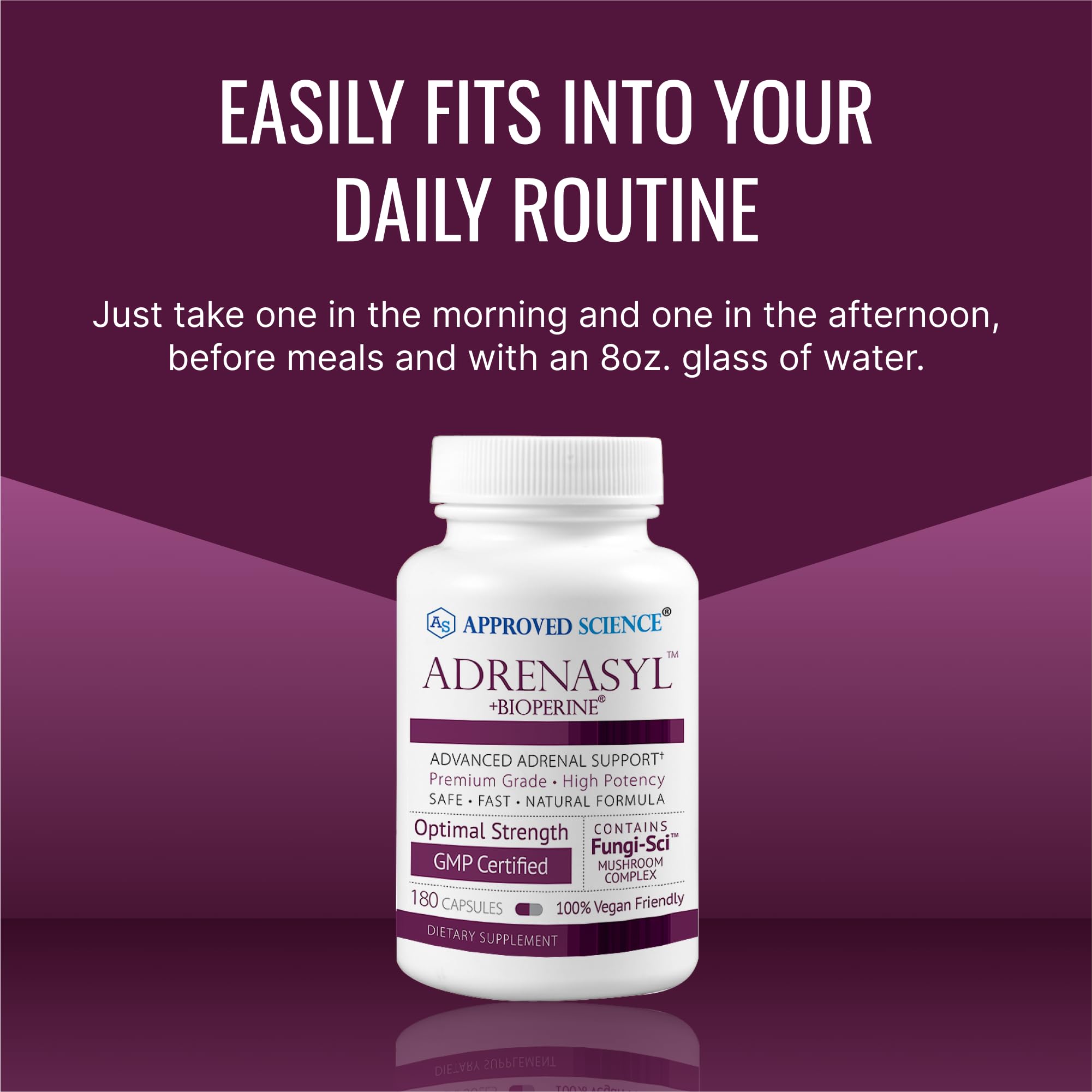Approved Science Adrenasyl supplement scene with glass of water for easy intake.
