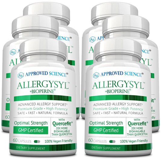 Approved Science Allergysyl bottle front view showing vegan formulation and USA-made quality