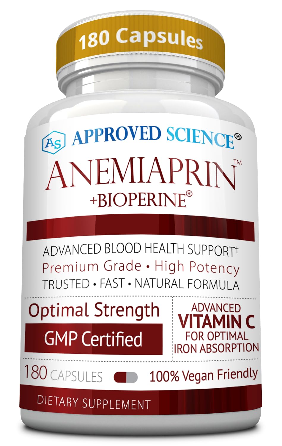 Approved Science Anemiaprin bottle with 180 capsules for gentle iron support