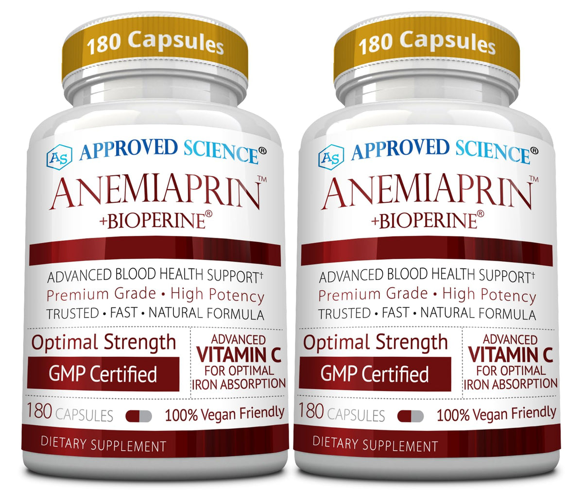 Approved Science Anemiaprin bottle front with 380 capsules for daily iron support.