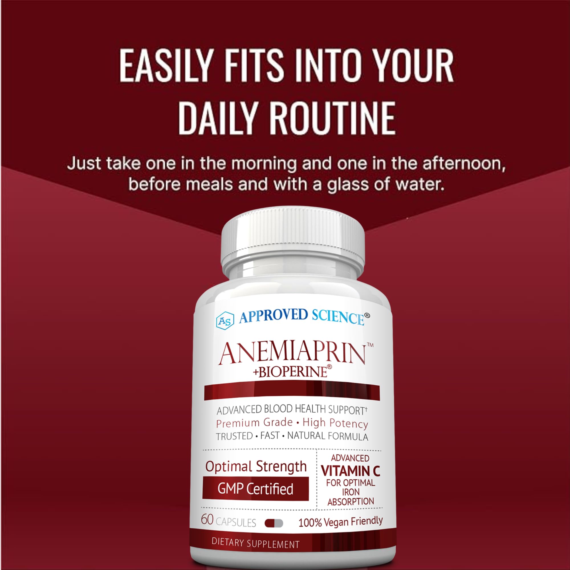 Two month supply packaging of Anemiaprin highlighting non GMO vegan formula