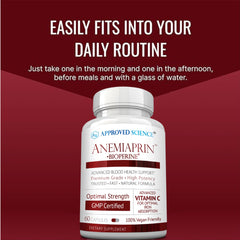 Two month supply packaging of Anemiaprin highlighting non GMO vegan formula