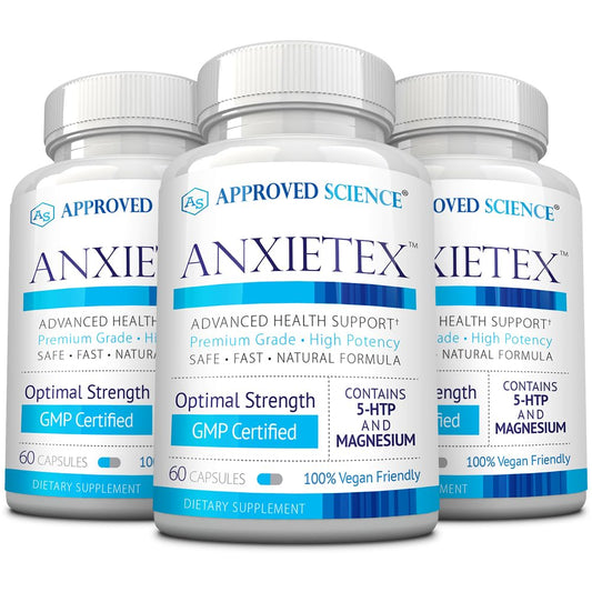 Approved Science Anxietex bottle label showing vegan capsules for daily calm support