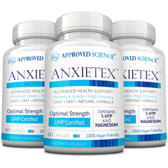 Approved Science Anxietex bottle label showing vegan capsules for daily calm support