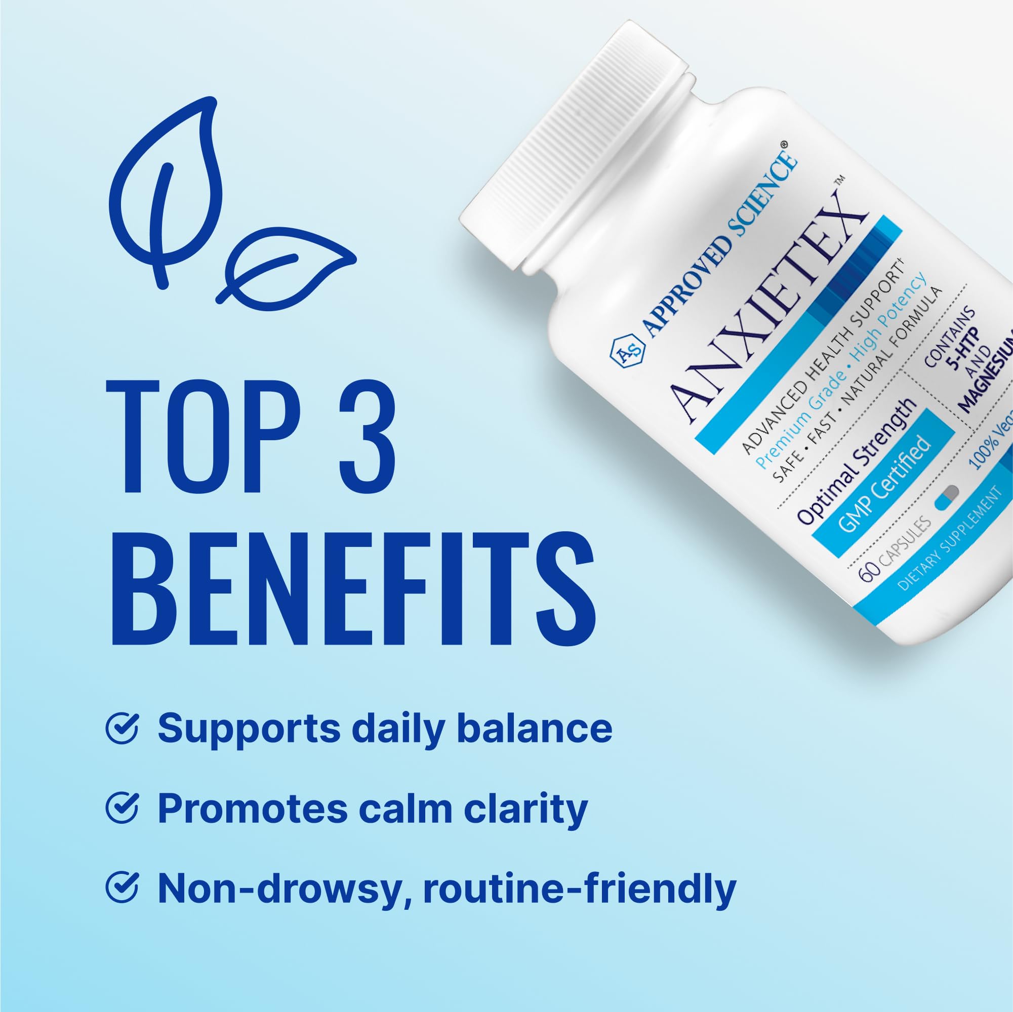 Approved Science Anxietex capsules pack on desk signaling mood support and relaxation potential