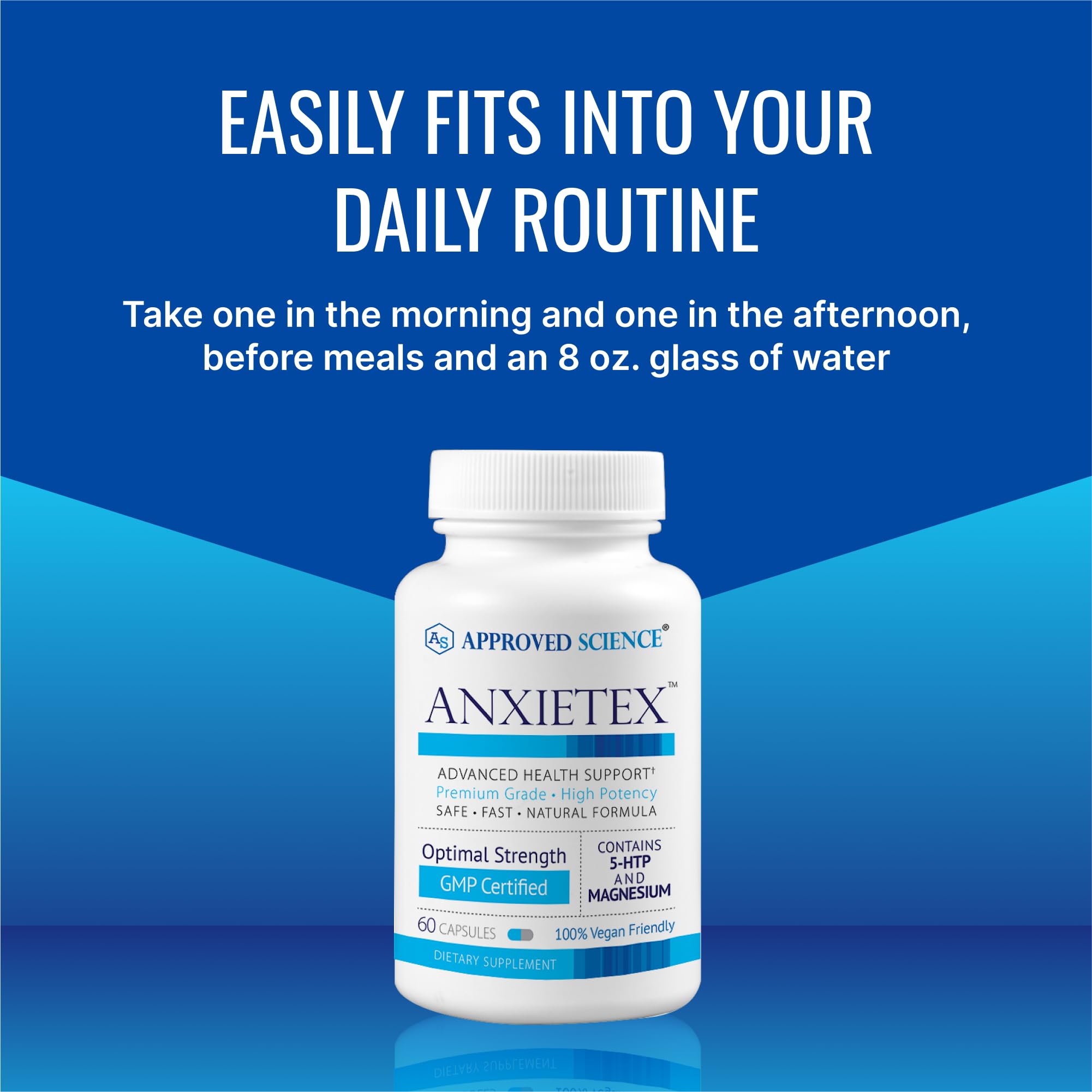 Approved Science Anxietex vegan friendly bottle emphasizes convenient routine for stress relief