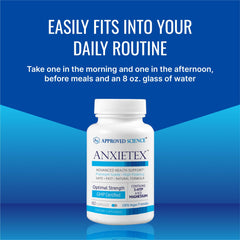 Approved Science Anxietex vegan friendly bottle emphasizes convenient routine for stress relief