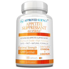 Approved Science Appetite Suppressant bottle displaying the 180 capsules for daily wellness support