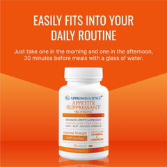 Approved Science Appetite Suppressant packaging scene shows 60 capsules for a daily routine