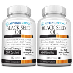 Approved Science Black Seed Oil bottle front view highlighting quality and USA-made production.