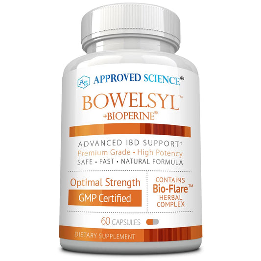 Approved Science Bowelsyl bottle front offers convenient daily GI support.