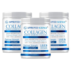 Approved Science Collagen Powder jar closeup, premium marine collagen for daily skin support and drink mix