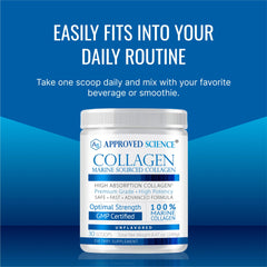 Approved Science Collagen Powder label shows USA-made quality and GMP production