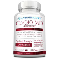 Approved Science CoQ10 MD bottle shows high-potency daily energy support.