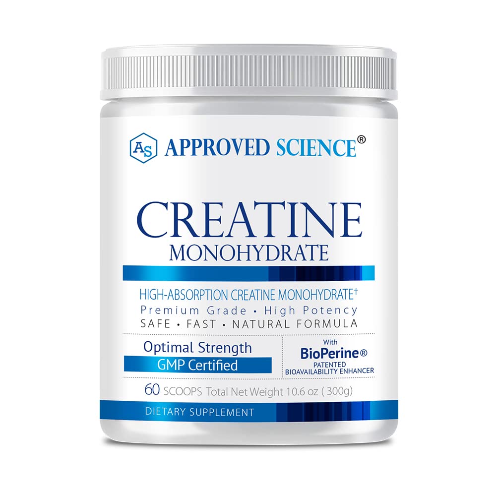 Approved Science Creatine Monohydrate powder bottle supports strength and recovery after training.