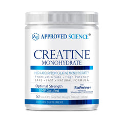 Approved Science Creatine Monohydrate powder bottle supports strength and recovery after training.
