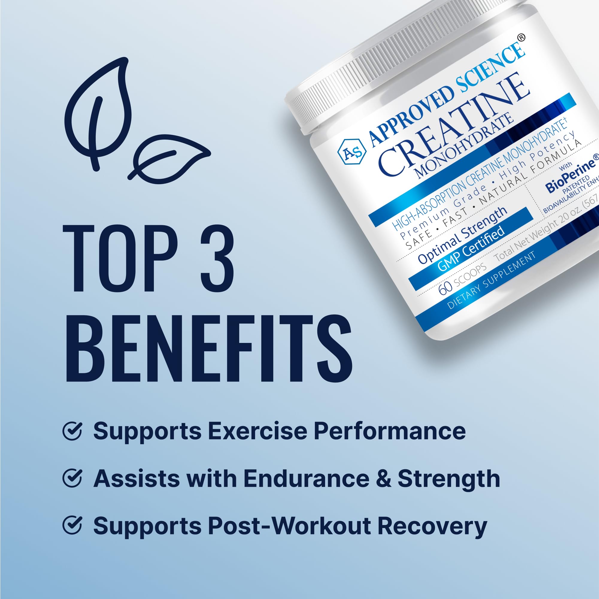 Approved Science Creatine Monohydrate scoop measures a 5 g serving.