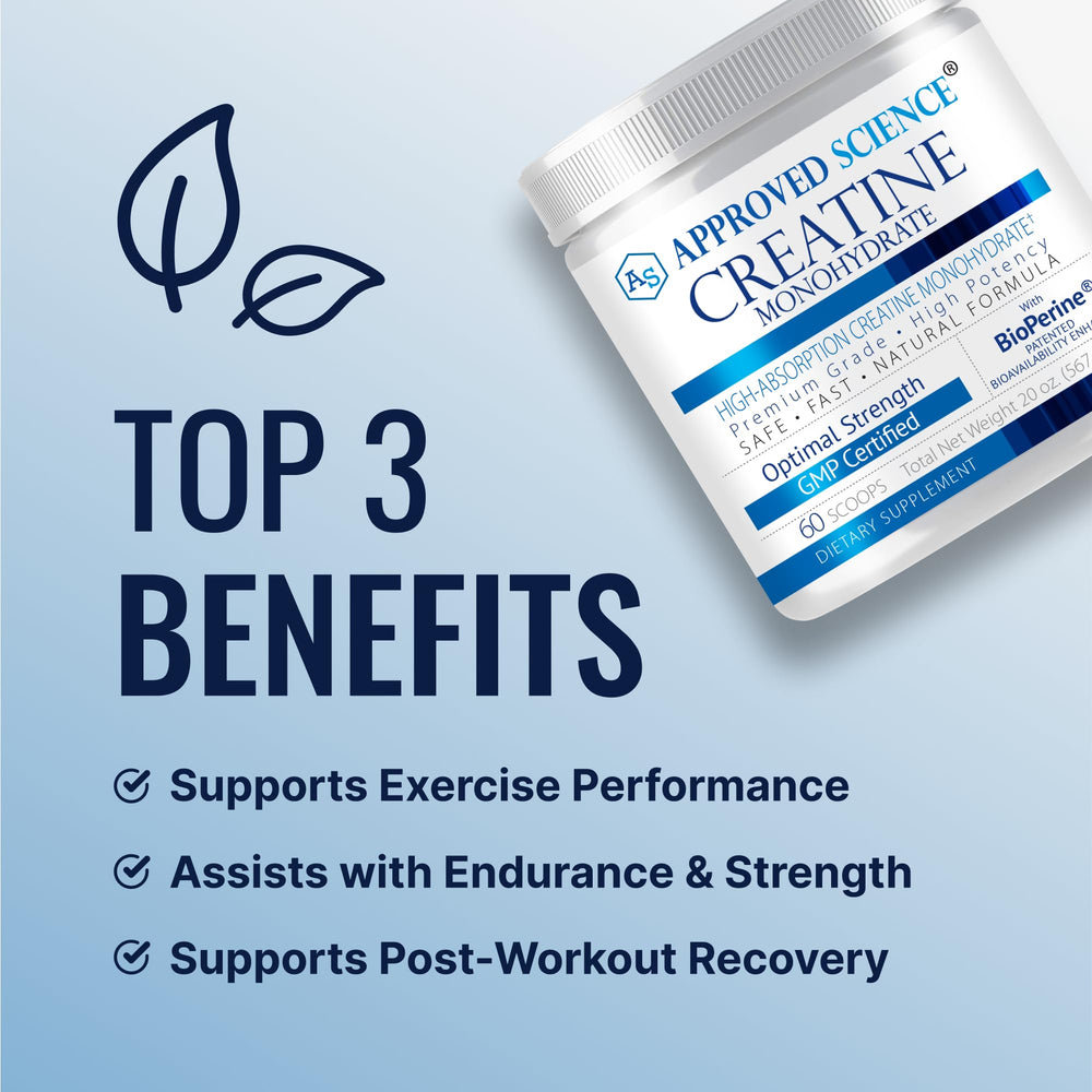 Approved Science Creatine Monohydrate scoop measures a 5 g serving.