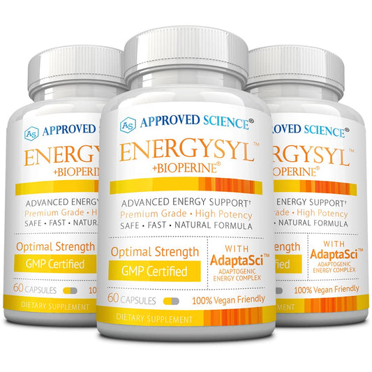 Approved Science Energysyl caffeine-free bottle for calm, steady daily energy support.