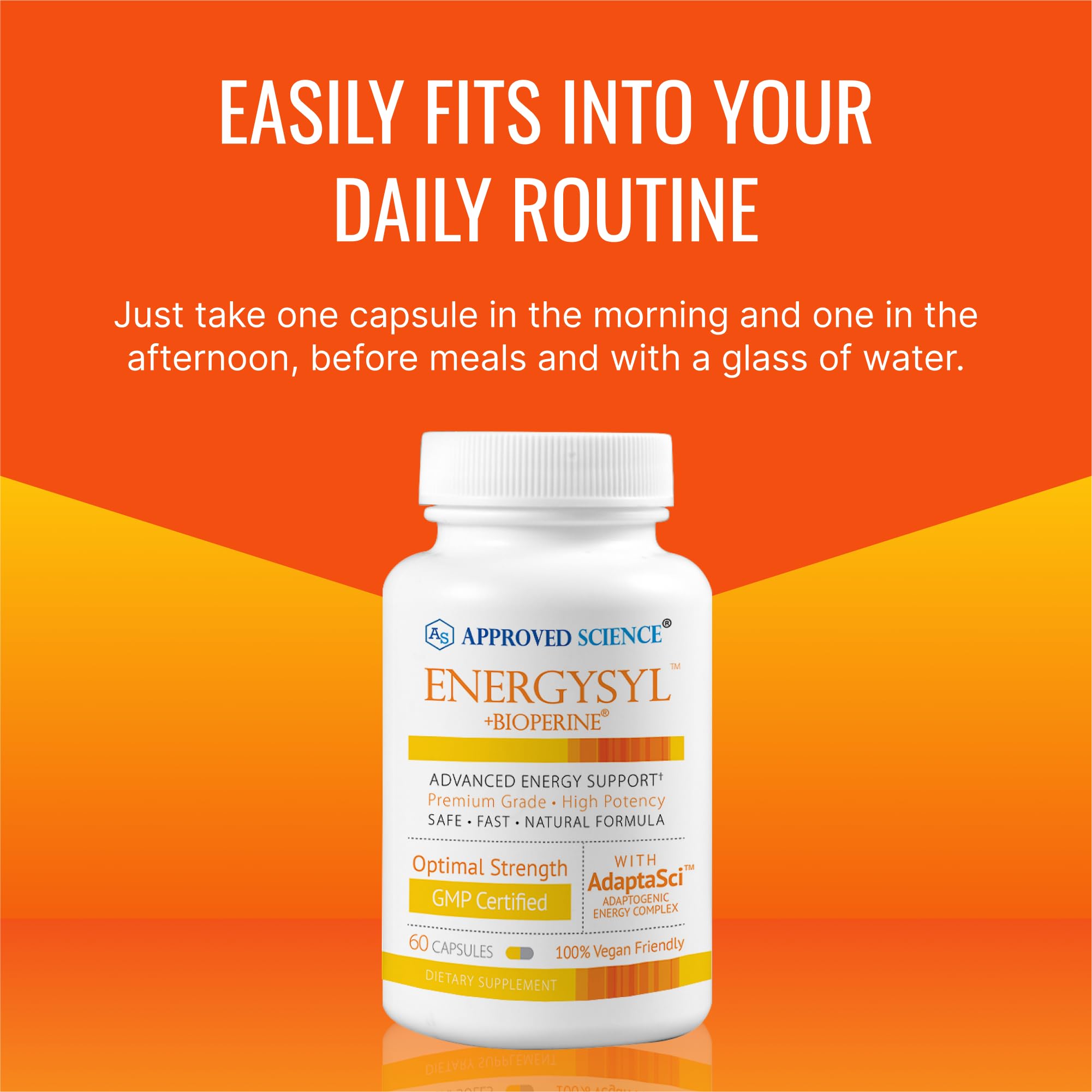 Approved Science Energysyl dosage guidance graphic highlights 60 capsules for a month.