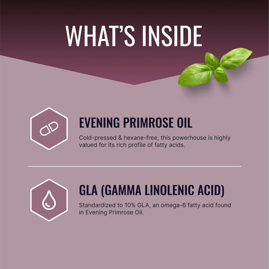 Approved Science Evening Primrose Oil softgels close-up highlighting skin and hair benefits.