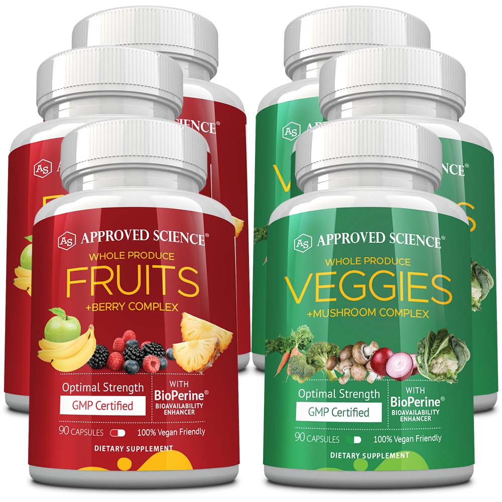 Approved Science Fruits and Veggies bottle front highlights 42 ingredients for daily vitality.