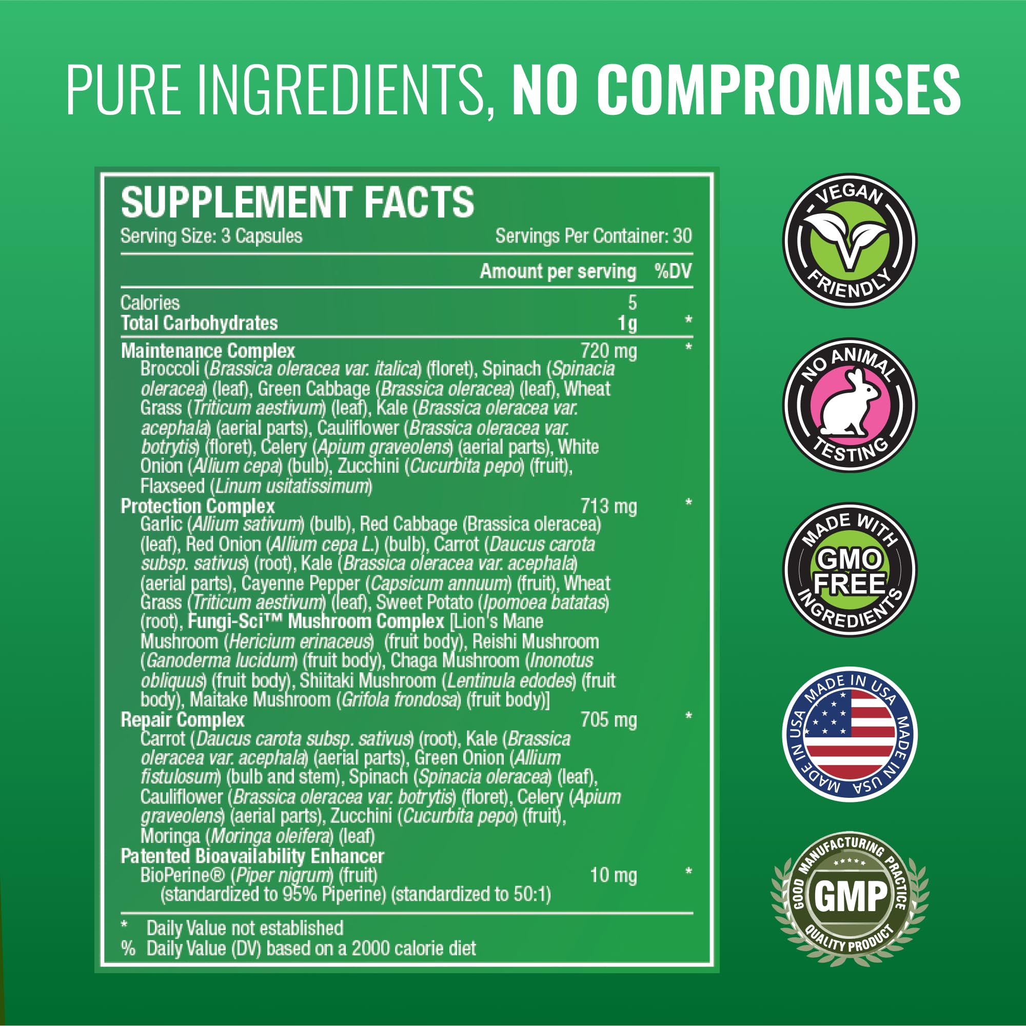 Flaxseeds segment signals fiber and heart-friendly benefits in a vegan blend.