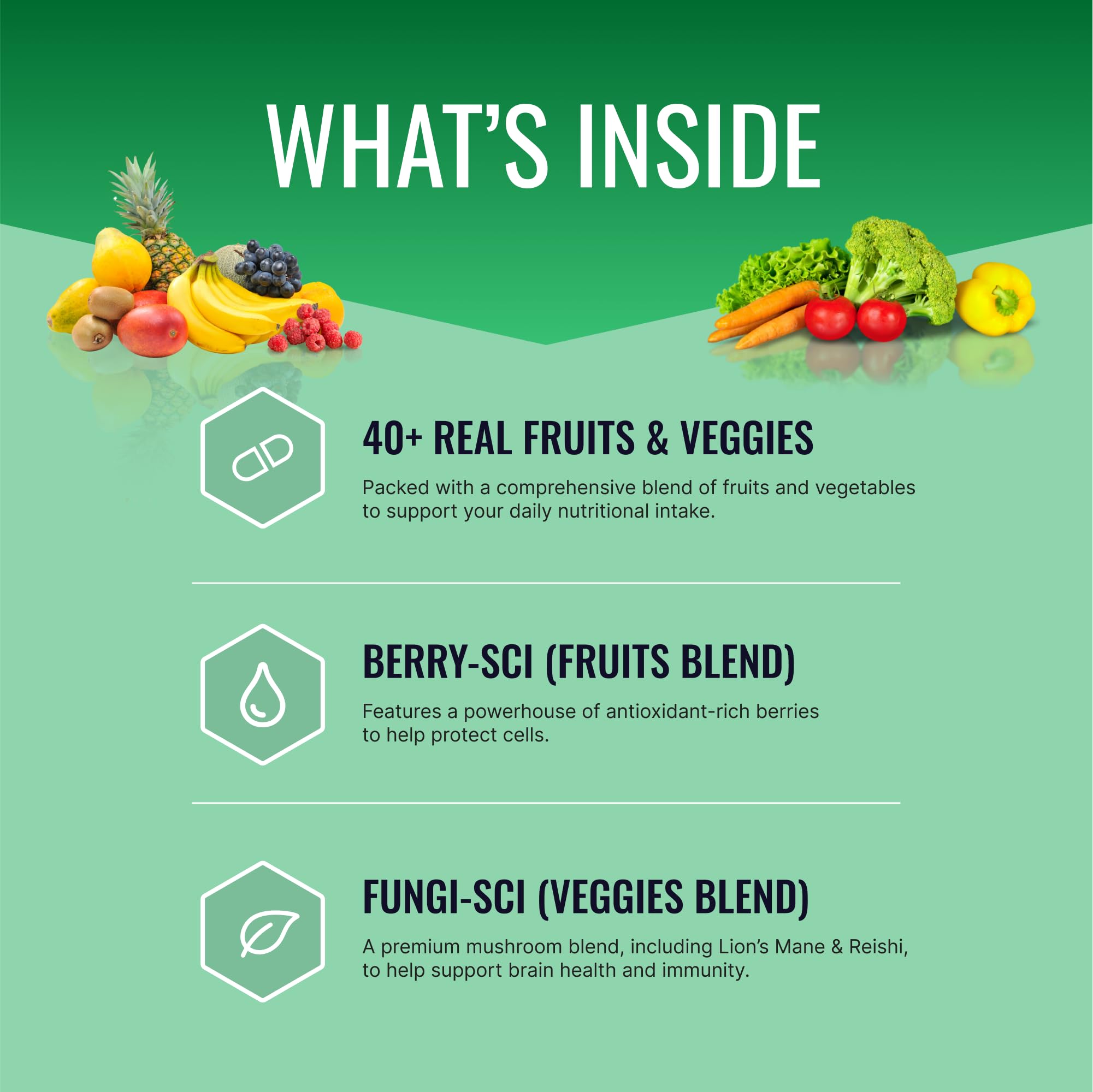 Approved Science Fruits & Veggies label close-up highlighting nutrient-rich blend