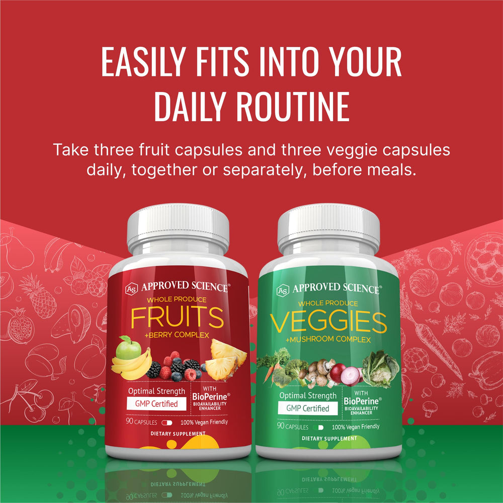 Approved Science Fruits & Veggies bottle with travel-friendly packaging supports on-the-go wellness.
