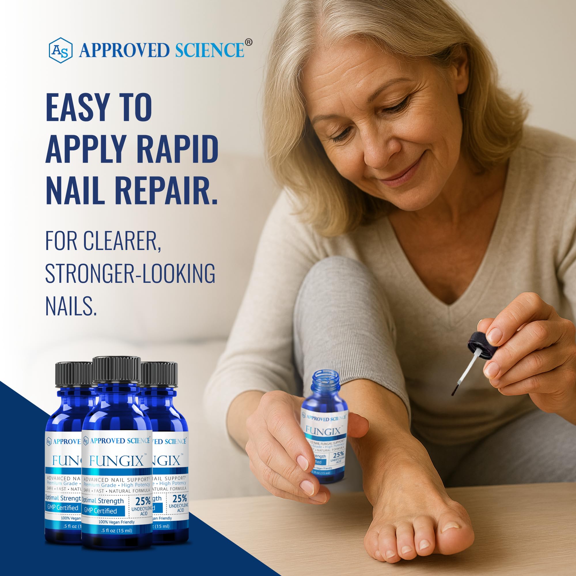 Approved Science Fungix Lemongrass essential oil highlight for refreshing nail upkeep.
