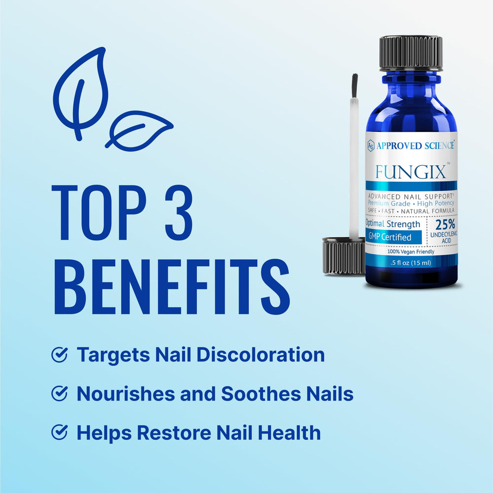 Approved Science Fungix Tea Tree Oil blend bottle showcasing natural care for nails.
