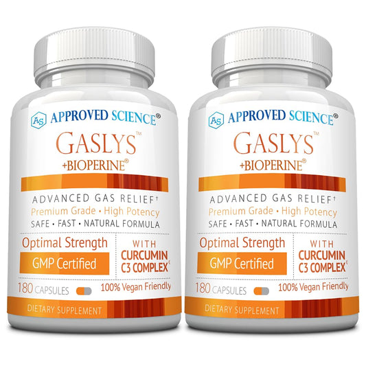 Approved Science Gaslys bottle front view for digestive comfort after meals.