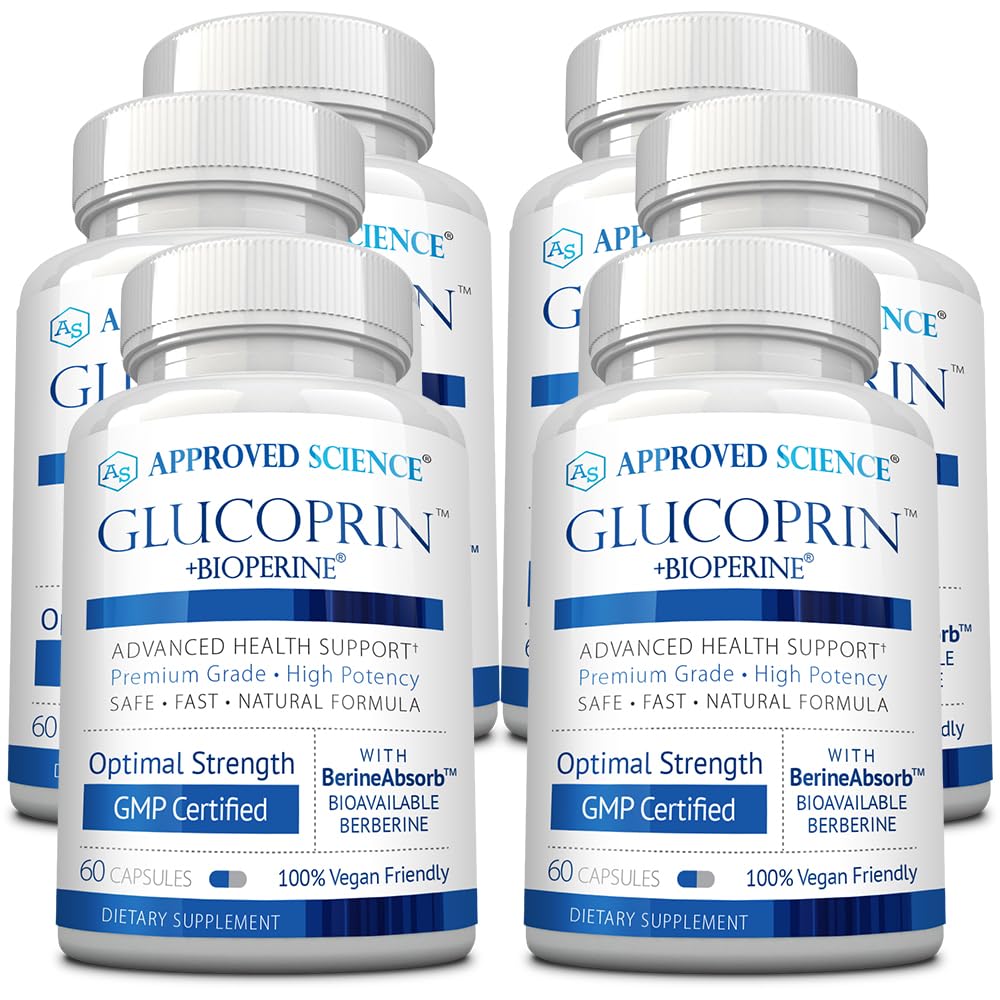 Approved Science Glucoprin bottle front highlighting berberine blend for daily wellness support.