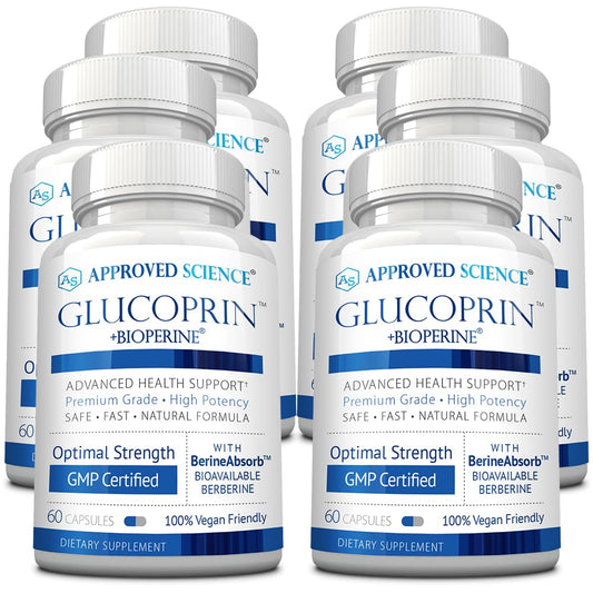 Approved Science Glucoprin bottle front highlighting berberine blend for daily wellness support.
