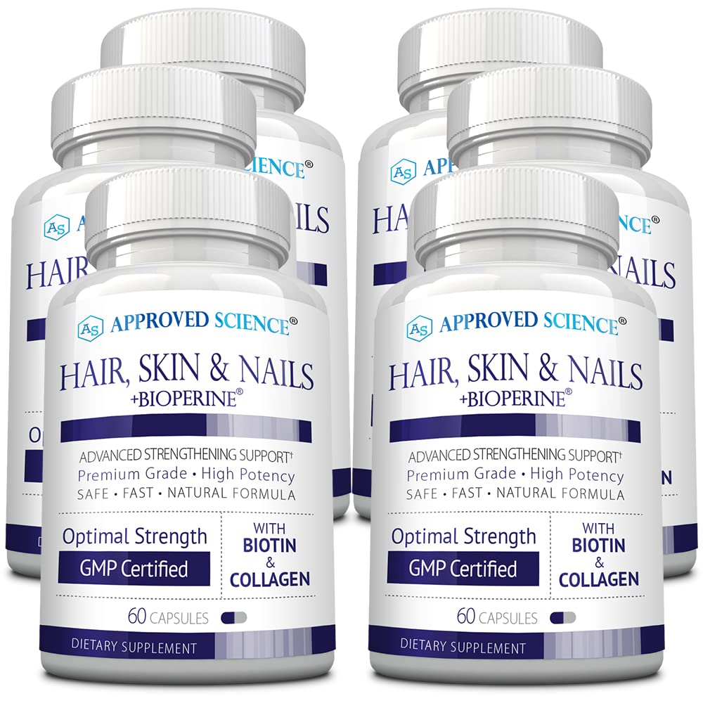 Approved Science Hair, Skin and Nails bottle shown for daily beauty support.