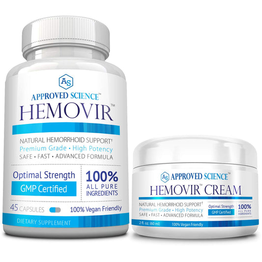 Approved Science Hemovir bottle and tubes offer convenient dual-action relief for hemorrhoid discomfort.