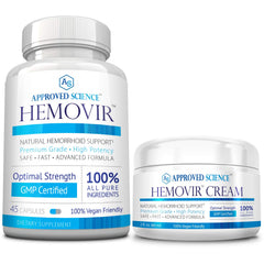 Approved Science Hemovir bottle and tubes offer convenient dual-action relief for hemorrhoid discomfort.