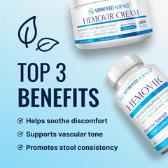 Approved Science Hemovir cream tube provides cooling relief for external itching and irritation.