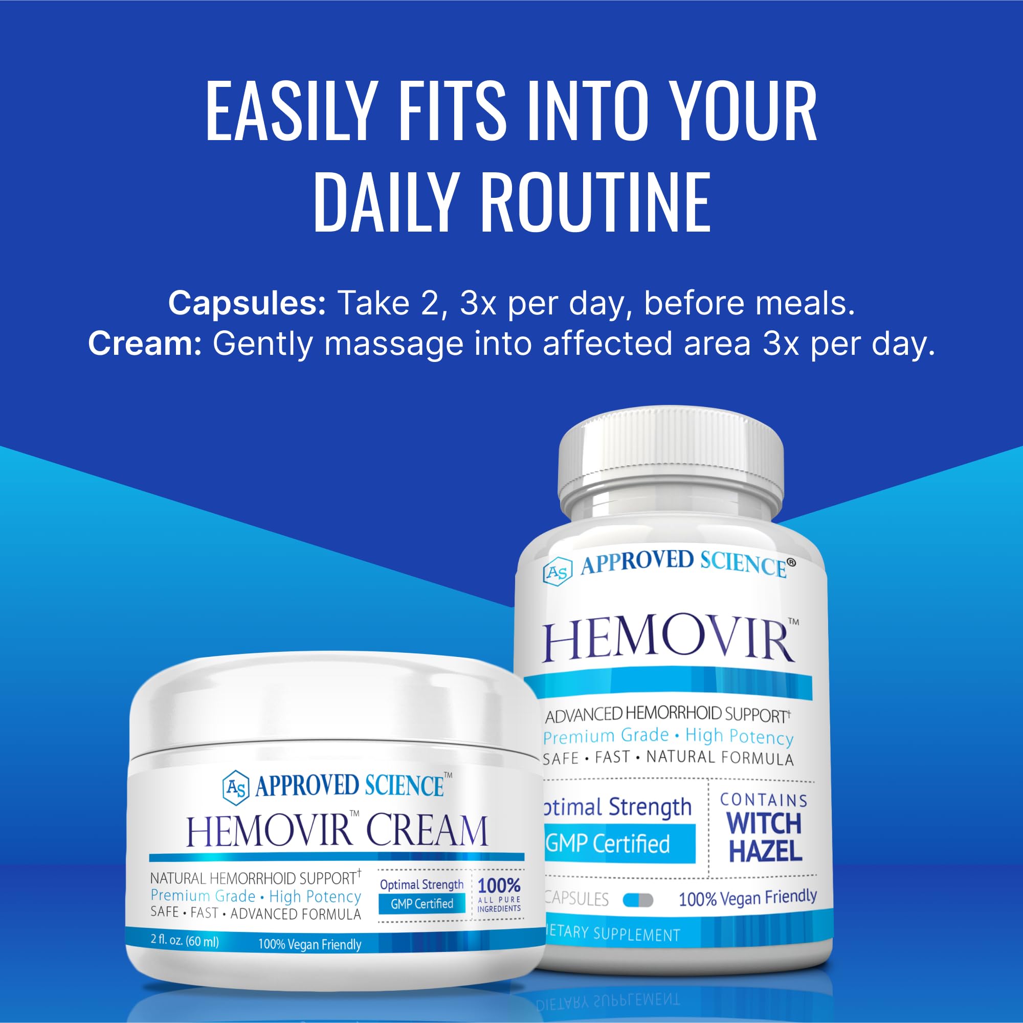 Approved Science Hemovir made-in-USA label emphasizes quality and vegan formulation.